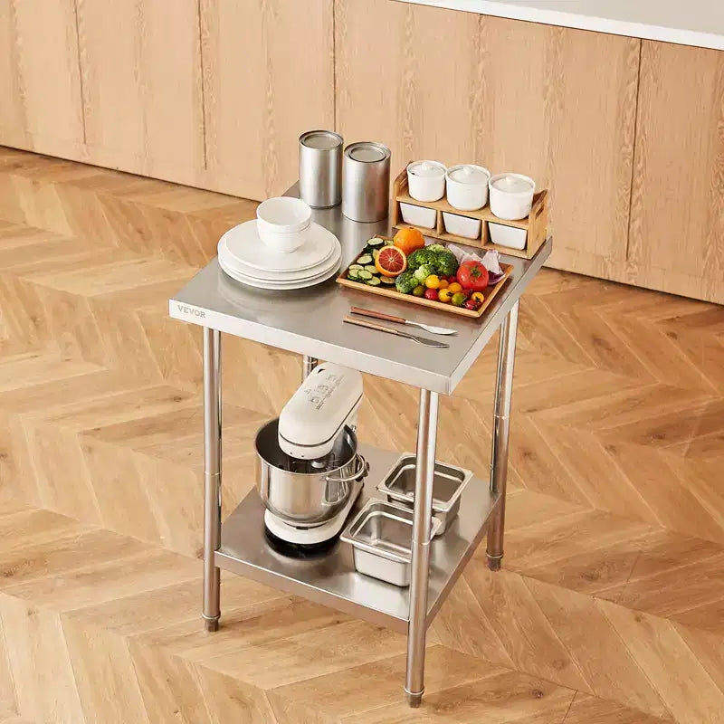 Table de préparation en acier inoxydable, 24 x 24 x 34 pouces, capacité de charge de 700 livres, établi métallique robuste avec 3 niveaux de hauteur réglables