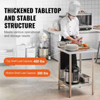 Table de préparation en acier inoxydable, 24 x 24 x 34 pouces, capacité de charge de 700 livres, établi métallique robuste avec 3 niveaux de hauteur réglables
