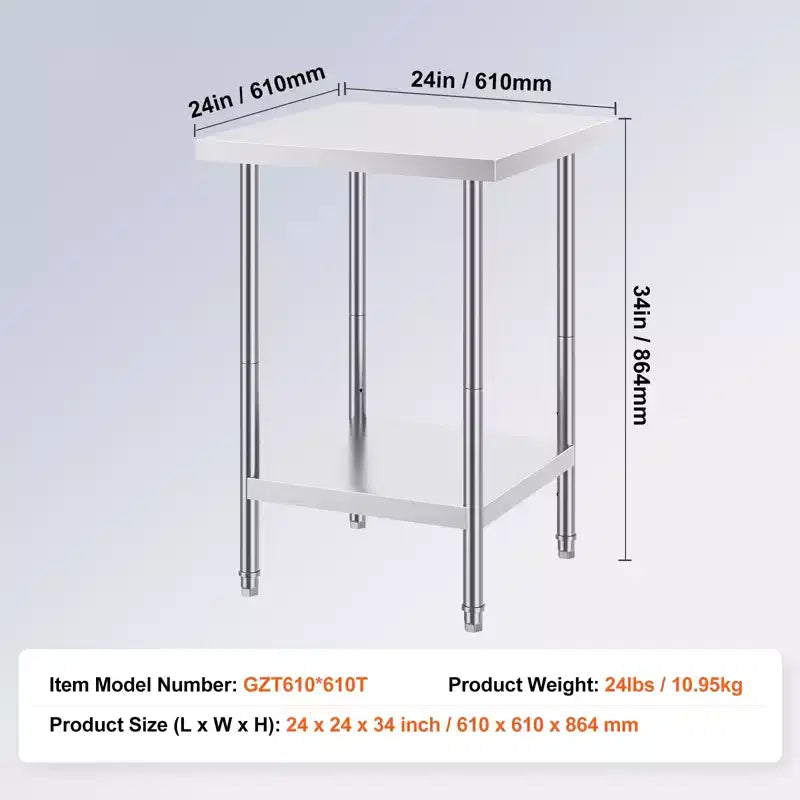 Table de préparation en acier inoxydable, 24 x 24 x 34 pouces, capacité de charge de 700 livres, établi métallique robuste avec 3 niveaux de hauteur réglables