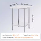 Table de préparation en acier inoxydable, 24 x 24 x 34 pouces, capacité de charge de 700 livres, établi métallique robuste avec 3 niveaux de hauteur réglables