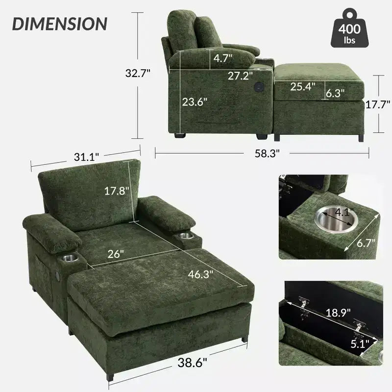 Fauteuil surdimensionné moderne avec ottoman, fauteuil d'appoint confortable en tissu chenille avec porte-gobelets et ports USB - ModernLuxe