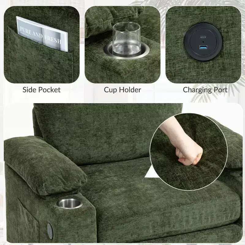 Fauteuil surdimensionné moderne avec ottoman, fauteuil d'appoint confortable en tissu chenille avec porte-gobelets et ports USB - ModernLuxe