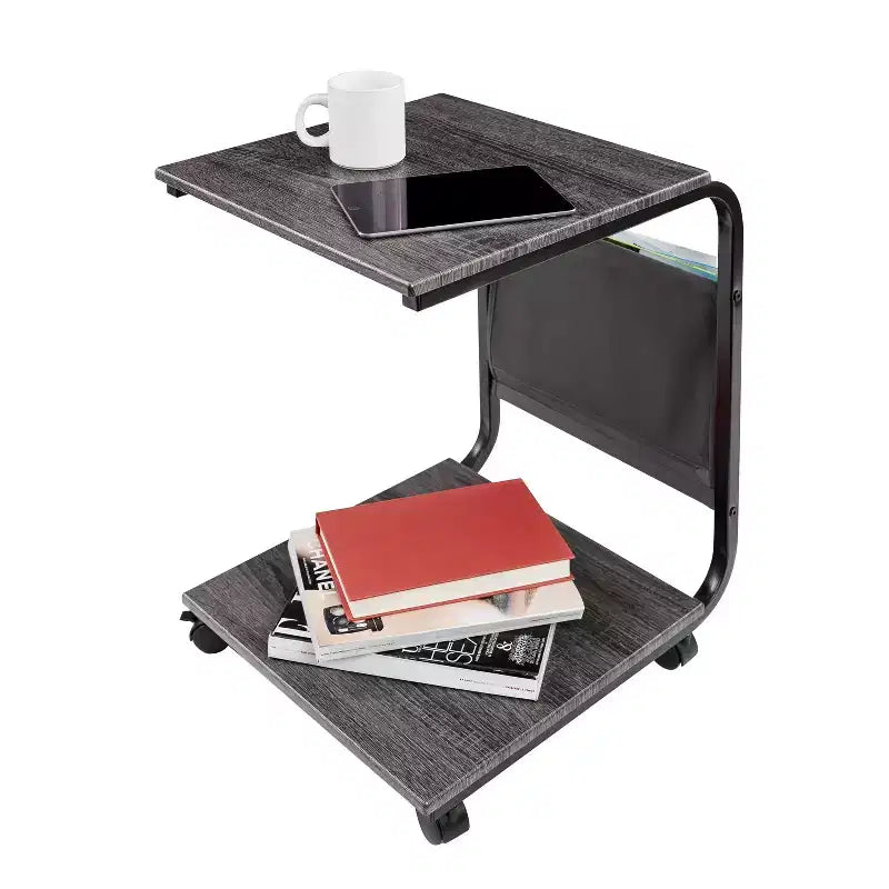 Table d'appoint rustique en frêne, en forme de C, avec rangement latéral intégré