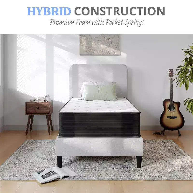Matelas Hybride 12 Pouces, Mousse Rafraîchissante Haute Densité et Matelas à Ressorts Ensachés en Boîte, Mousse Certifiée CertiPur-US, Blanc/Noir