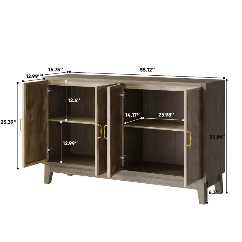Armoire de rangement de 139,9 cm (55,12 po) de largeur avec 4 portes et étagères réglables