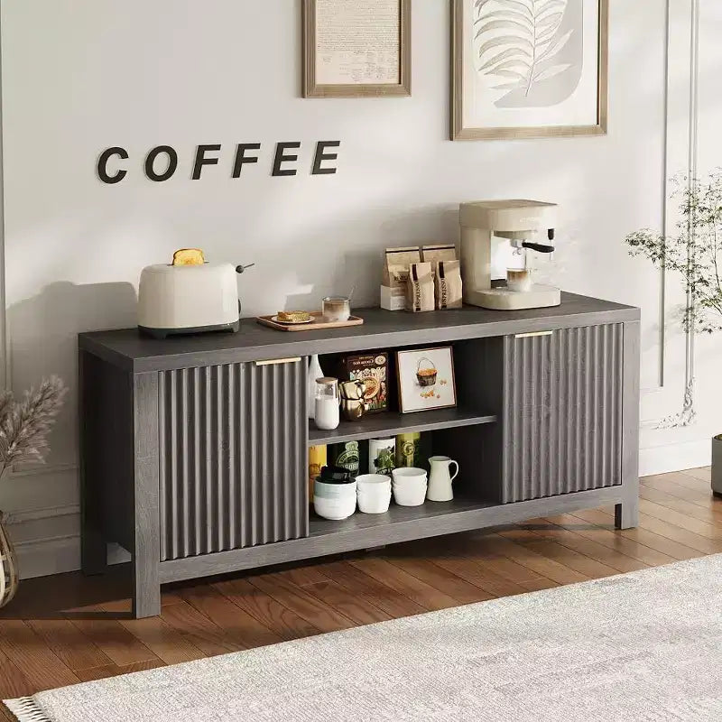 Meuble TV de 59 po pour téléviseurs jusqu'à 65 po, Centre de divertissement TV moderne du milieu du siècle avec armoires de rangement et étagères ouvertes, Meuble TV en bois pour la maison