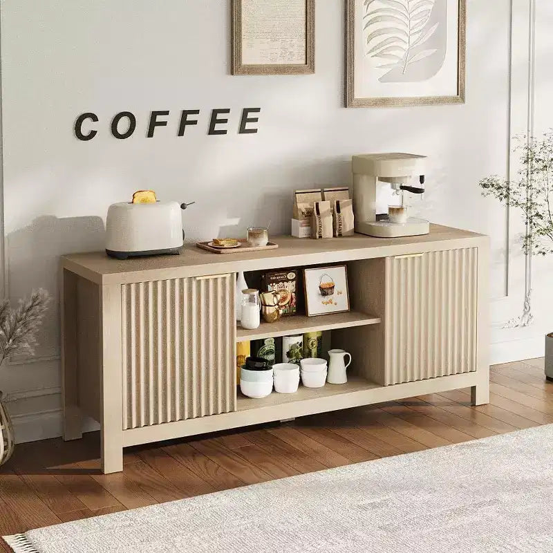Meuble TV de 59 po pour téléviseurs jusqu'à 65 po, Centre de divertissement TV moderne du milieu du siècle avec armoires de rangement et étagères ouvertes, Meuble TV en bois pour la maison