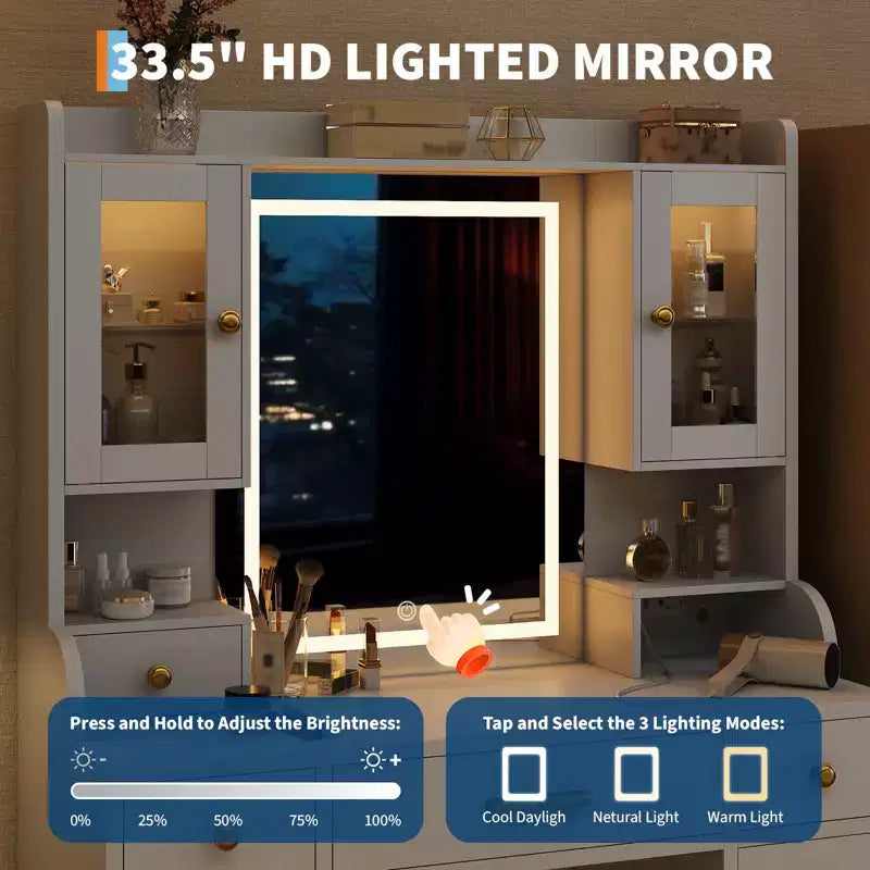 Coiffeuse avec miroir et lumières, 3 modes d'éclairage Grande table de maquillage avec station de charge Blanc