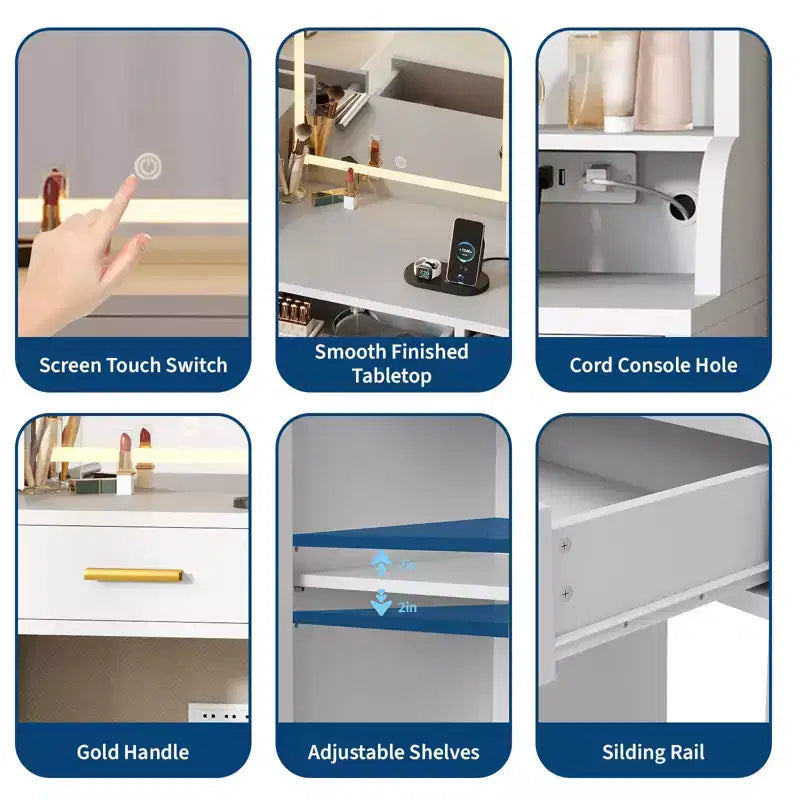 Coiffeuse avec miroir et lumières, 3 modes d'éclairage Grande table de maquillage avec station de charge Blanc