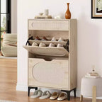 Meuble à chaussures en rotin et chêne, rangement à chaussures à 3 niveaux avec 2 tiroirs basculants et 1 tiroir coulissant, étagère réglable, organisateur étroit pour entrée