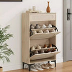 Meuble à chaussures en rotin et chêne, rangement à chaussures à 3 niveaux avec 2 tiroirs basculants et 1 tiroir coulissant, étagère réglable, organisateur étroit pour entrée