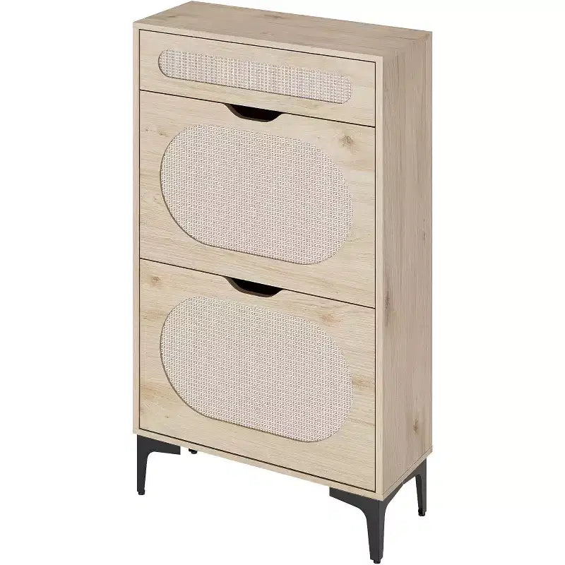 Meuble à chaussures en rotin et chêne, rangement à chaussures à 3 niveaux avec 2 tiroirs basculants et 1 tiroir coulissant, étagère réglable, organisateur étroit pour entrée