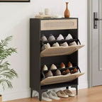 Meuble à chaussures en rotin et chêne, rangement à chaussures à 3 niveaux avec 2 tiroirs basculants et 1 tiroir coulissant, étagère réglable, organisateur étroit pour entrée