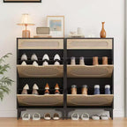 Meuble à chaussures en rotin et chêne, rangement à chaussures à 3 niveaux avec 2 tiroirs basculants et 1 tiroir coulissant, étagère réglable, organisateur étroit pour entrée