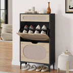 DobleePy Oak Rattan Shoe Cabinet, 3-Tier Shoe Storage with 2 Flip Drawers & 1 Pull-Out Drawer, Adjustable Shelf, Narrow Organizer for Entryway