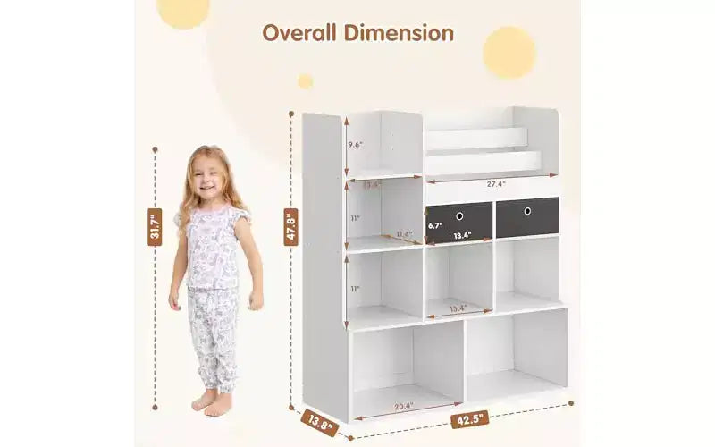Étagère pour enfants à 4 niveaux Bibliothèque en bois Organisateur de jouets pour enfants Bibliothèque pour enfants avec 10 compartiments et 2 tiroirs Meuble de rangement pour enfants