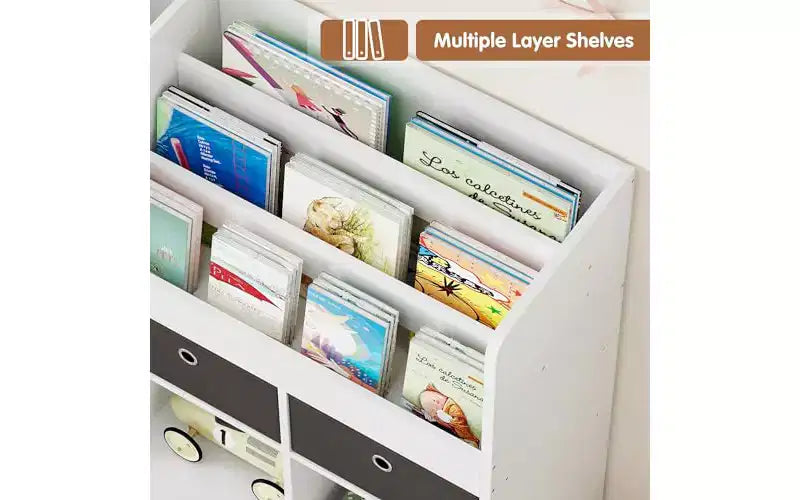 Étagère pour enfants à 4 niveaux Bibliothèque en bois Organisateur de jouets pour enfants Bibliothèque pour enfants avec 10 compartiments et 2 tiroirs Meuble de rangement pour enfants