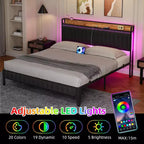 Lit moderne à LED, design monobloc - tête de lit en PU avec station de charge, éclairage RGB et espace de rangement, cadre en métal (à l'exception du sommier à lattes).