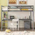 MAYEERTY Twin Loft Wood Bed with Under-bed, Bulit-in Desk, a Storage Cabinet of 2 Drawers, Guardrails, Gray