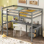 Lit mezzanine double en bois avec lit inférieur, bureau intégré, armoire de rangement à 2 tiroirs, barrières de sécurité, gris