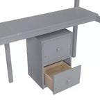 Lit mezzanine double en bois avec lit inférieur, bureau intégré, armoire de rangement à 2 tiroirs, barrières de sécurité, gris