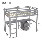 Lit mezzanine double en bois avec lit inférieur, bureau intégré, armoire de rangement à 2 tiroirs, barrières de sécurité, gris