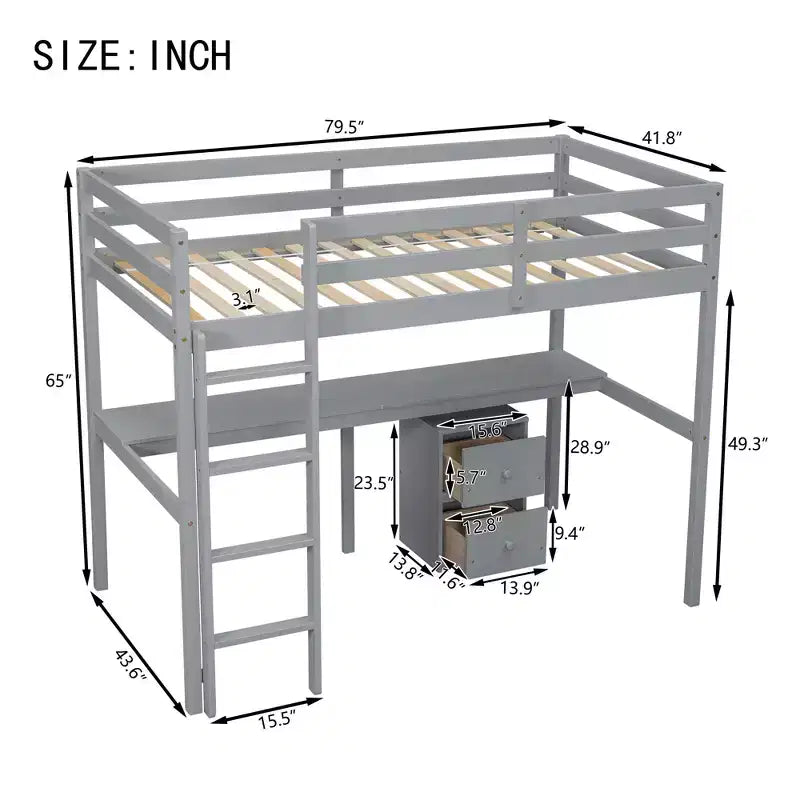 Lit mezzanine double en bois avec lit inférieur, bureau intégré, armoire de rangement à 2 tiroirs, barrières de sécurité, gris