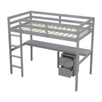 Lit mezzanine double en bois avec lit inférieur, bureau intégré, armoire de rangement à 2 tiroirs, barrières de sécurité, gris