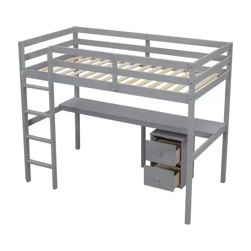 Lit mezzanine double en bois avec lit inférieur, bureau intégré, armoire de rangement à 2 tiroirs, barrières de sécurité, gris