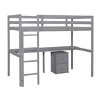 Lit mezzanine double en bois avec lit inférieur, bureau intégré, armoire de rangement à 2 tiroirs, barrières de sécurité, gris