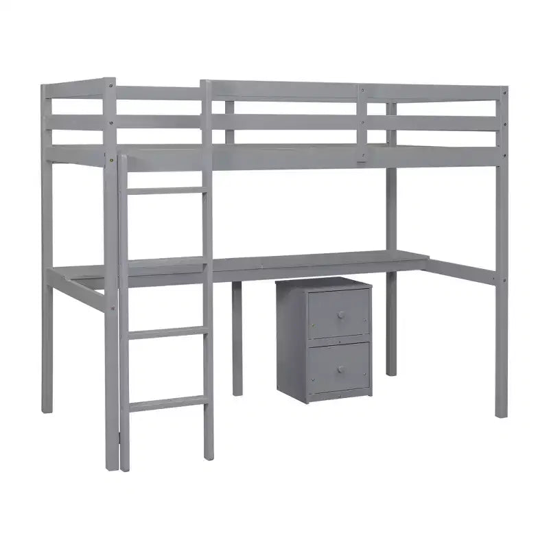 Lit mezzanine double en bois avec lit inférieur, bureau intégré, armoire de rangement à 2 tiroirs, barrières de sécurité, gris
