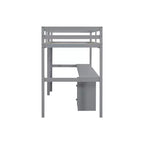 Lit mezzanine double en bois avec lit inférieur, bureau intégré, armoire de rangement à 2 tiroirs, barrières de sécurité, gris
