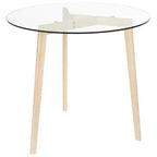 Table à manger avec plateau en verre trempé et pieds en bois de chêne massif pour cuisine ou salle à manger, brun transparent, diamètre de 80 cm