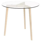 Table à manger avec plateau en verre trempé et pieds en bois de chêne massif pour cuisine ou salle à manger, brun transparent, diamètre de 80 cm