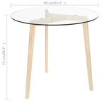 Table à manger avec plateau en verre trempé et pieds en bois de chêne massif pour cuisine ou salle à manger, brun transparent, diamètre de 80 cm