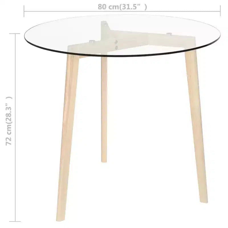 vidaXL Table à manger ronde élégante avec plateau en verre trempé et pieds en bois de chêne massif pour cuisine ou salle à manger, brun transparent, 80 cm de diamètre