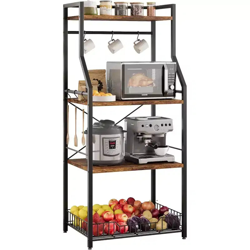 Étagère de cuisine style boulanger, support pour micro-ondes avec grand panier grillagé, station de café industrielle, étagère utilitaire de cuisine à 4 niveaux