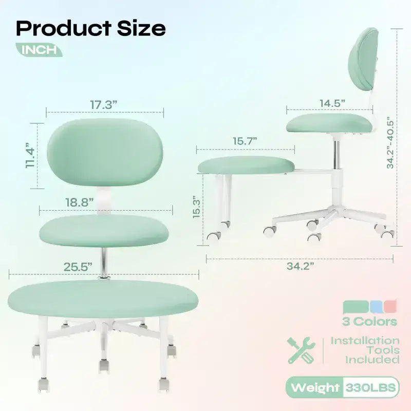 Chaise ergonomique en croix avec roulettes, chaise de bureau sans accoudoirs pour petits espaces, soutien dorsal amélioré, hauteur réglable