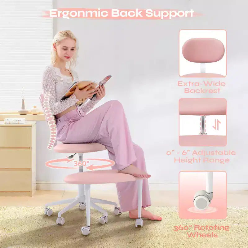 Chaise ergonomique en croix avec roulettes, chaise de bureau sans accoudoirs pour petits espaces, soutien dorsal amélioré, hauteur réglable
