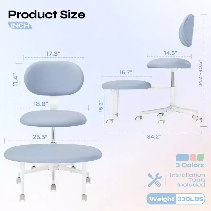 Chaise ergonomique en croix avec roulettes, chaise de bureau sans accoudoirs pour petits espaces, soutien dorsal amélioré, hauteur réglable