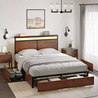 Hausource Upholstered Bed Frame with LED Headboard, Storage Drawers & USB Ports, No Box Spring Needed