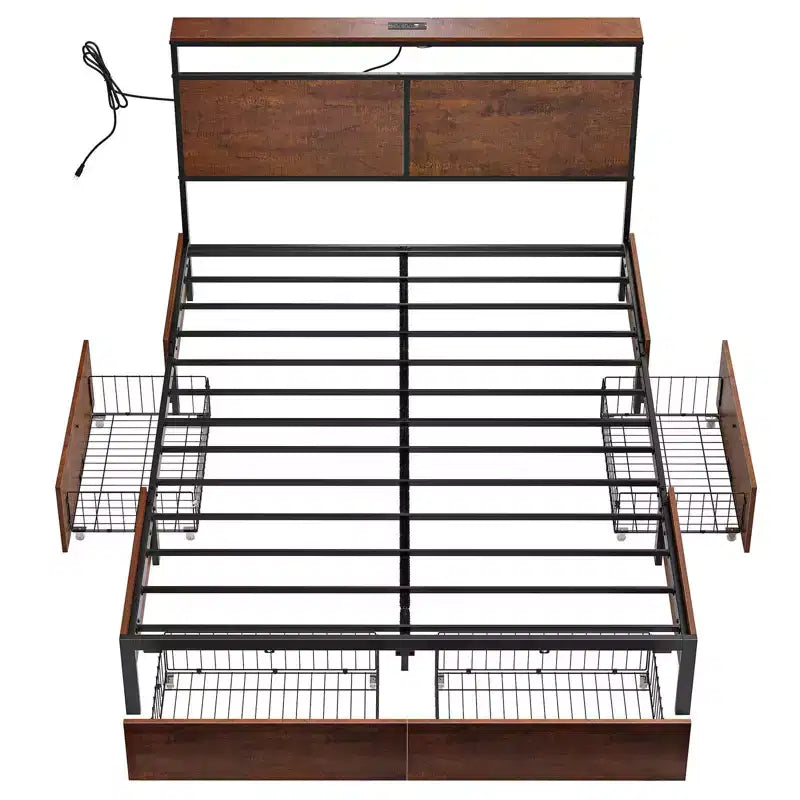 Lit rembourré avec tête de lit LED, tiroirs de rangement et ports USB, aucun sommier tapissier requis