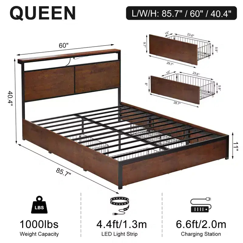 Lit rembourré avec tête de lit LED, tiroirs de rangement et ports USB, aucun sommier tapissier requis