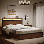 Lit rembourré avec tête de lit LED, tiroirs de rangement et ports USB, aucun sommier tapissier requis