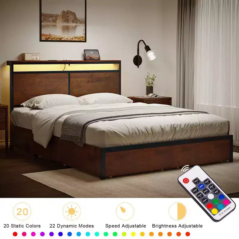 Lit rembourré avec tête de lit LED, tiroirs de rangement et ports USB, aucun sommier tapissier requis