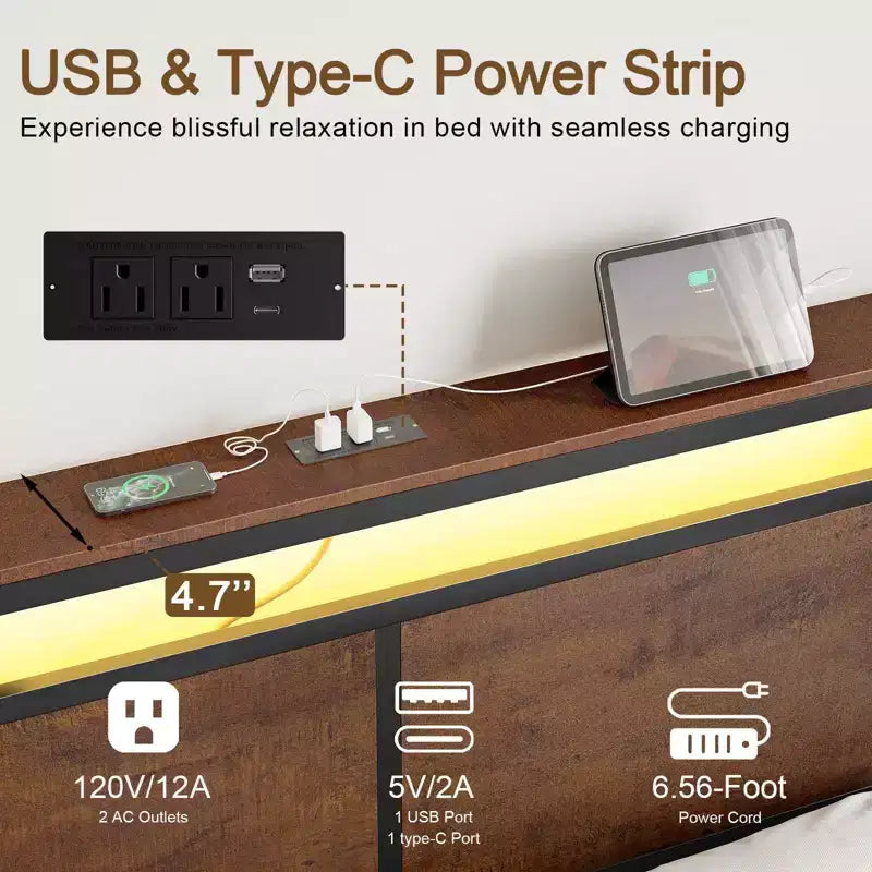 Lit rembourré avec tête de lit LED, tiroirs de rangement et ports USB, aucun sommier tapissier requis