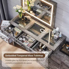 Coiffeuse 69 pouces avec plateau en verre, coiffeuse de style ferme avec 9 grands tiroirs de rangement, 3 couleurs de lumière disponibles et miroir HD 30 LED