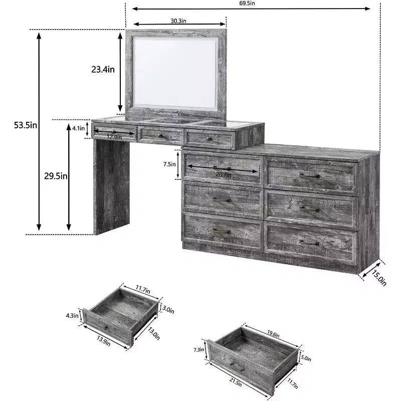 Coiffeuse 69 pouces avec plateau en verre, coiffeuse de style ferme avec 9 grands tiroirs de rangement, 3 couleurs de lumière disponibles et miroir HD 30 LED
