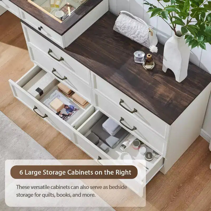 Coiffeuse 69 pouces avec plateau en verre, coiffeuse de style ferme avec 9 grands tiroirs de rangement, 3 couleurs de lumière disponibles et miroir HD 30 LED