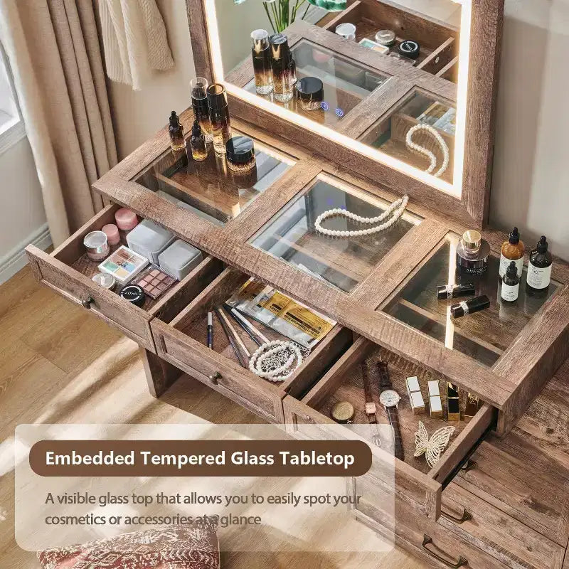 Coiffeuse 69 pouces avec plateau en verre, coiffeuse de style ferme avec 9 grands tiroirs de rangement, 3 couleurs de lumière disponibles et miroir HD 30 LED